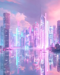 Obraz premium Stunning Futuristic Cityscape with Neon Lights and Reflections