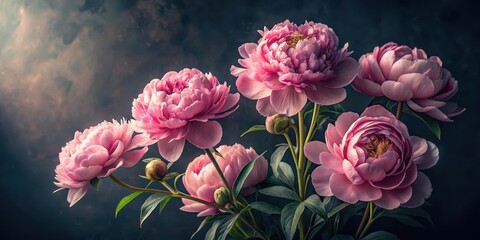 Delicate hyper-realistic pink peonies unfold in full bloom against a mysterious dark background, showcasing intricate details and soft texture , hyper realistic, still life