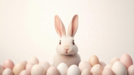 A cute white rabbit surrounded by pastel eggs, symbolizing spring and Easter festivities in a serene setting.