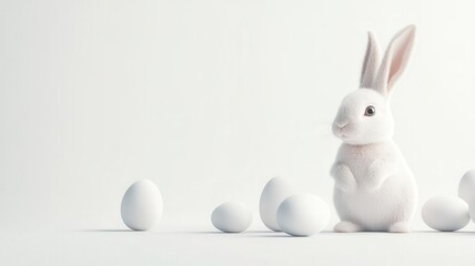 Fototapeta premium A fluffy white rabbit surrounded by white eggs, representing themes of spring and renewal.