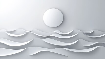 Serene Paper Art Seascape: Minimalist White Waves and Sun
