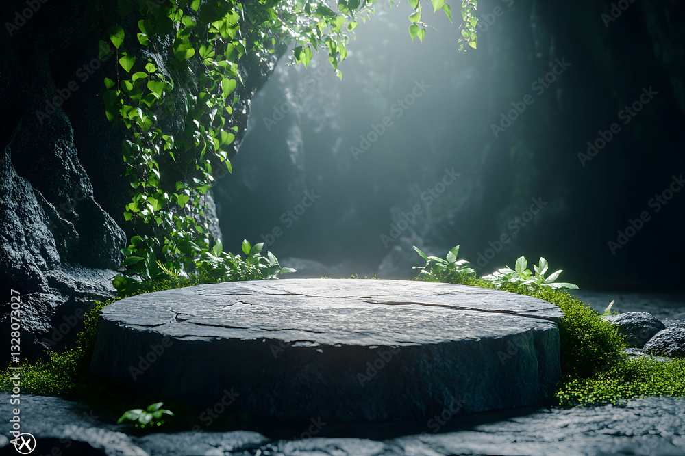 Poster mystical stone podium display in a cave with moss and vines setting