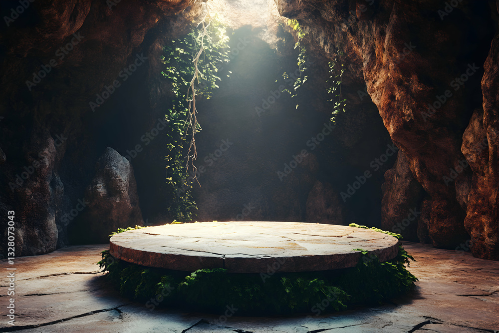 Poster mystical stone podium in cave with moss and vines for display background