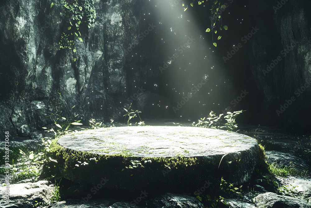Poster mystical stone podium enveloped in moss and vines within a grotto setting