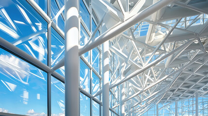 modern architectural structure with white steel beams and large glass windows, showcasing bright and open design under clear blue sky