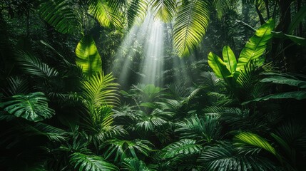 Obraz premium Lush jungle sunlight beams through dense foliage