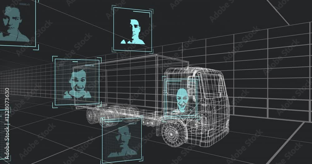 Poster wireframe truck with digital profiles and data processing animation overlay