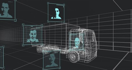 Wireframe truck with digital profiles and data processing animation overlay - Powered by Adobe