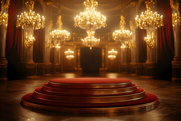 Opulent presentation, golden podium with velvet red base in a grand hall setting