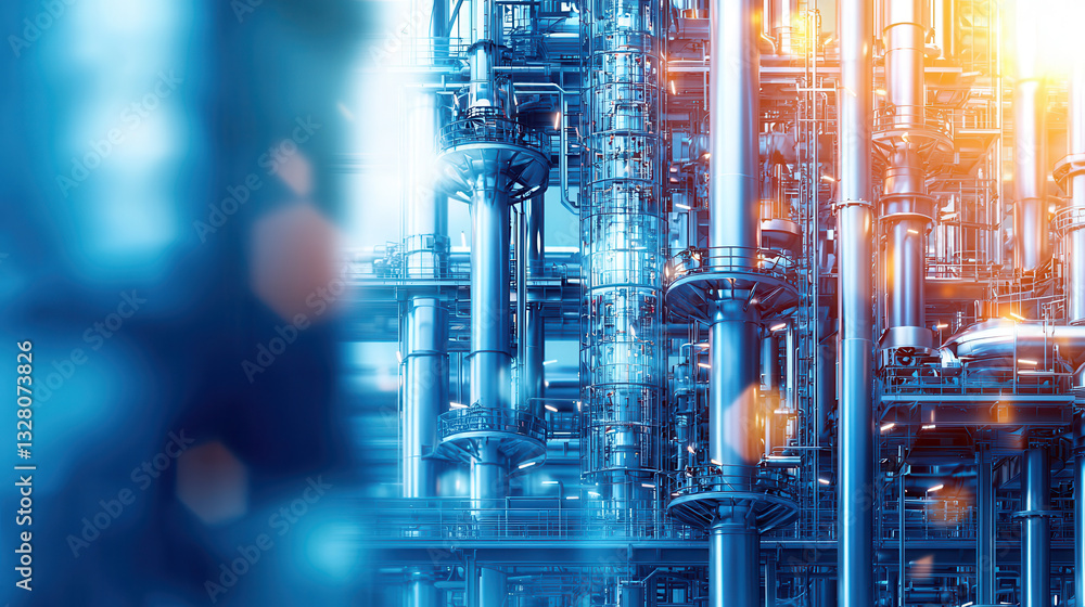 Poster high resolution image of large scale refinery with intricate metal structures and industrial pipes, 