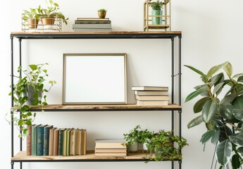 Minimalist blank frame mockup on an empty shelf with books and green plants against a white background.