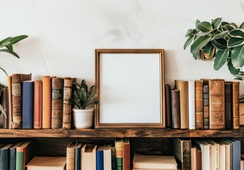 Minimalist blank frame mockup on an empty shelf with books and green plants against a white background.