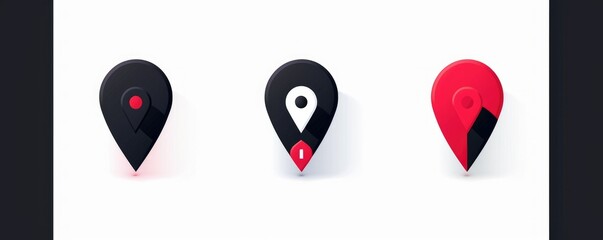Set of Location Pin Icons in Simple Vector Style with Flat Design, Red and Black Color Scheme on White Background