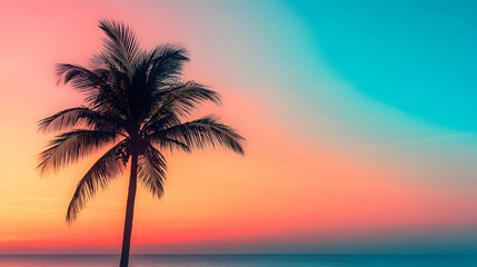 Silhouette of a palm tree set against a vibrant gradient sunset sky