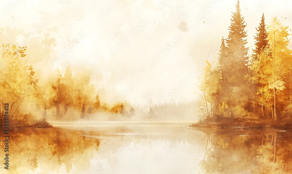 Poster serene autumn landscape with trees reflecting in a calm lake.