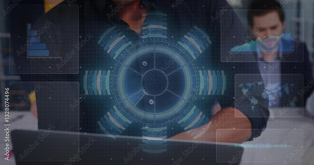 Poster futuristic data interface animation over people working on laptops in office