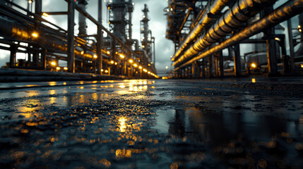modern industrial complex with massive steel frameworks, illuminated pipes, and wet reflective ground under dramatic cloudy sky