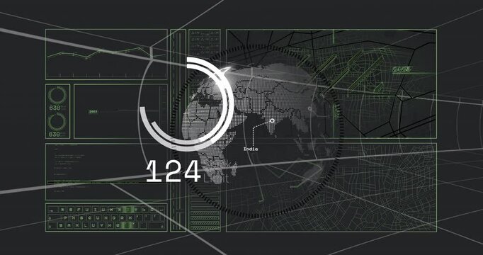 Animation of digital interface with world map, data graphs, number 142 highlighted