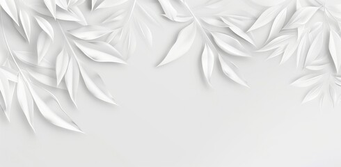An elegant white background with soft leaves creates a modern and sophisticated design.
