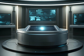 Sleek silver futuristic podium with interactive display in a modern space