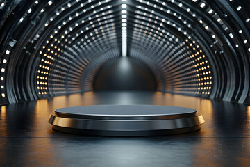 Sleek silver podium illuminated in futuristic tunnel with warm light