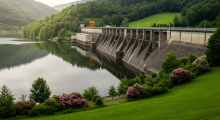Obraz premium Hydroelectric Dam with Reservoir in a Scenic Green Landscape