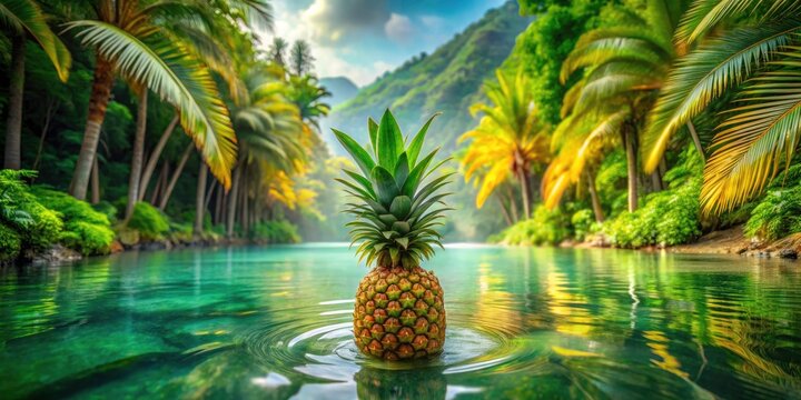 Lively Tropical Vibes with Floating Pineapple and Green Hues - Long Exposure of Tropical Scene, Vibrant Colors, Exotic Fruits, Relaxing Atmosphere,