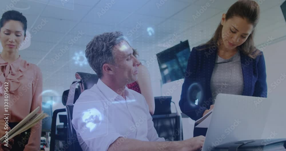 Poster business team collaborating over digital data processing animation in modern office