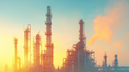 Fototapeta premium vast refinery scene with multiple columns reaching skyward, emitting smoke under vibrant sunset sky