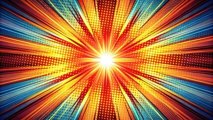 Obraz premium Action-packed superhero comic book background with vibrant halftone dots and blurred speed lines creating a dynamic and energetic atmosphere, action, dynamism