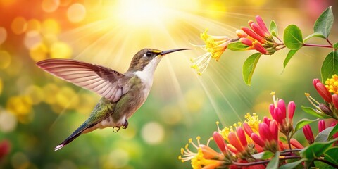 Fototapeta premium Beautiful hummingbird sipping nectar from a honeysuckle flower in full bloom against a bright sunny background