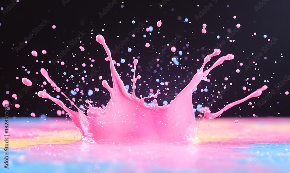 Poster vibrant pink splash against a dark background with colorful droplets.