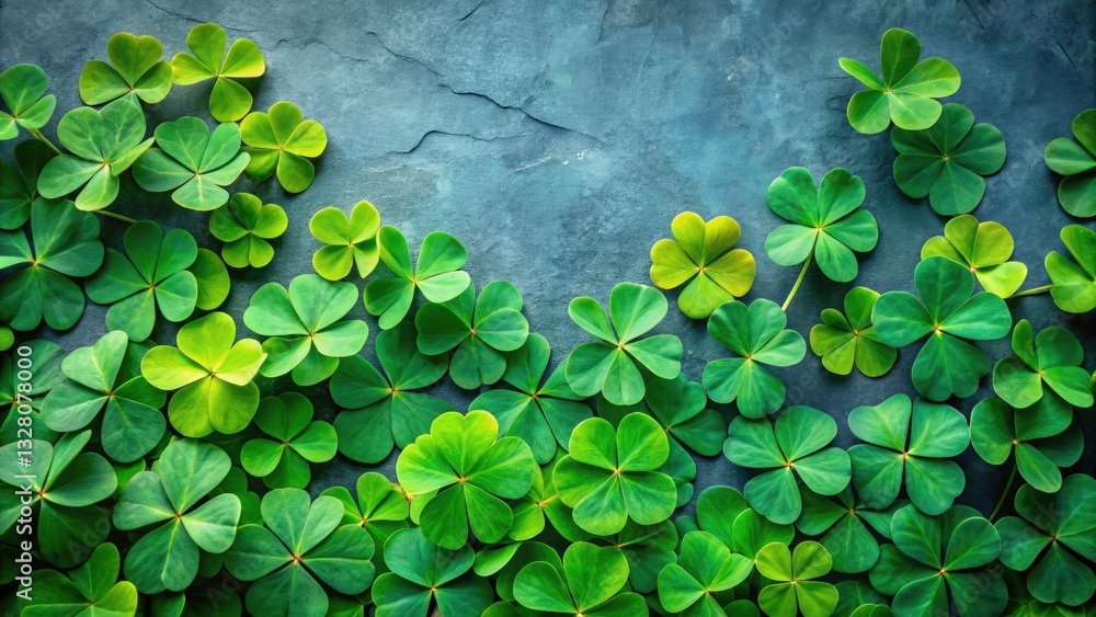 Poster Minimalist Bird-Eye View of Oxalis Shamrocks on Solid Color Backdrop for Elegant Flat Lay Design with Copy Space
