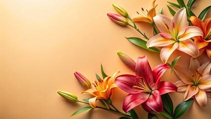 Fototapeta premium Top-Down View of Lily Blooms at Golden Hour on Solid Color Backdrop Perfect for Floral Design, Product Displays, and Marketing Copy Space