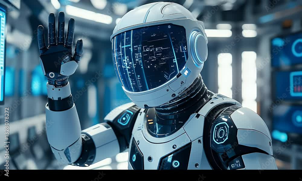 Aufkleber Futuristic robot interacting with advanced interface in a spaceship
