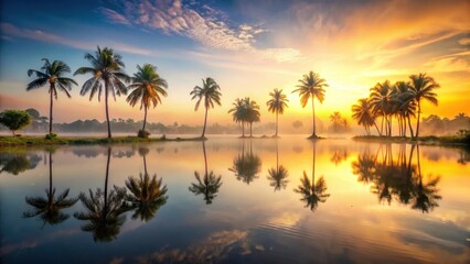 Obraz premium Palm trees surrounding a serene lake at dawn with mist rising from the water, sunrise, lake, sunrise, lake, nature