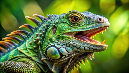 Naklejka premium Vibrant Green Iguana with Sharp Teeth Displaying Aggressive Posture, wild, green, wild, green, nature, predator