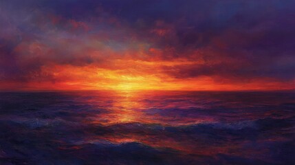 Fototapeta premium Fiery Sunset Over the Ocean: A Dramatic Seascape Painting