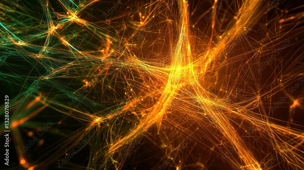 Aufkleber an abstract glowing network of lines and nodes, representing technological innovation.