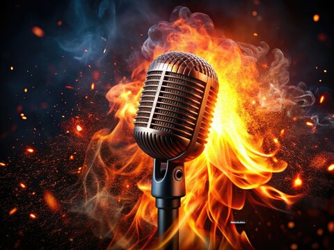 Fiery microphone, dramatic concert lighting ignites low-light stage photography â€“ capturing raw musical energy.