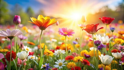 Obraz premium A vibrant field of colorful spring flowers blooming in a warm sunlight with delicate petals and gentle stems against a soft white background, flower field, blooming flowers