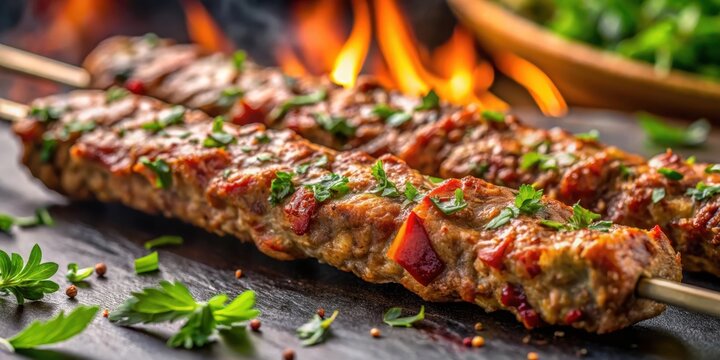 Close-up shot of a juicy Persian koobideh kabab sizzling on a skewer