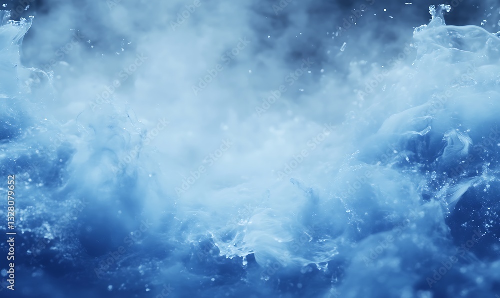 Poster Dynamic blue ocean waves with foamy splashes creating a misty atmosphere.