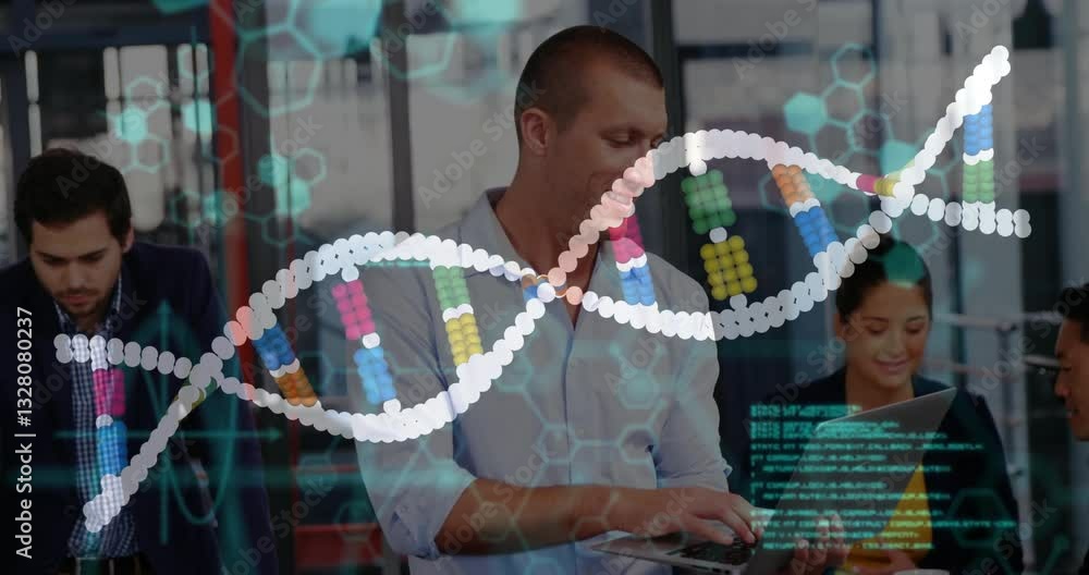 Poster dna strand and binary coding animation over diverse business people working