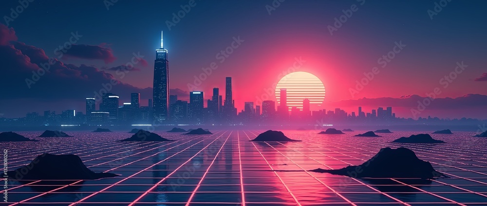 Poster a city skyline with a large building in the middle