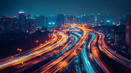 Fototapeta premium Elevated View of City Highway at Night with Colorful Lights