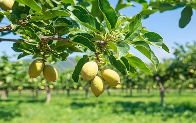 Vibrant Green Almond Orchard Sunlight Ripe Almonds Hanging Branch Tree Farm