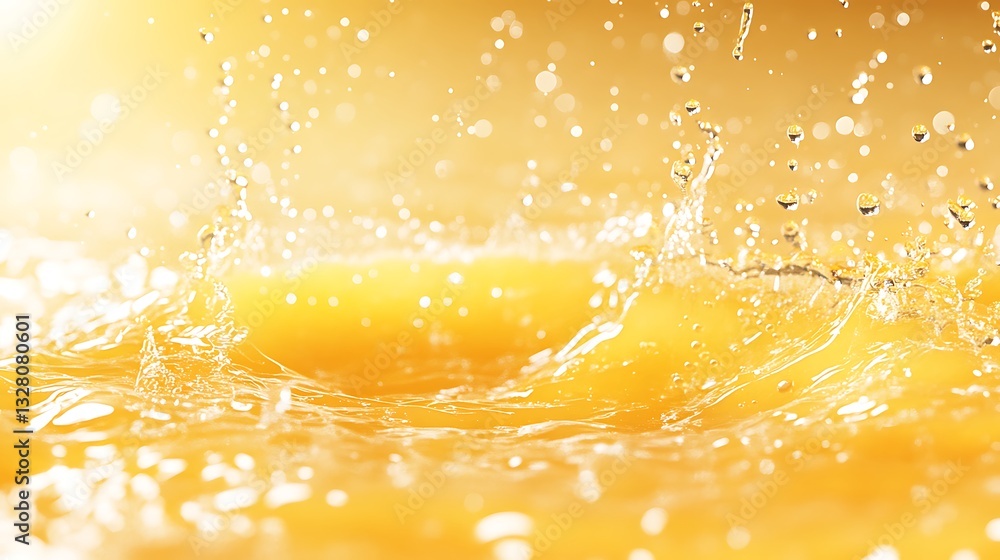 Poster bright orange liquid splashing against a golden background, creating a dynamic and refreshing visual