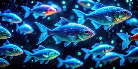 Fototapeta premium Night Underwater Scene: Bioluminescent Fish, Deep Sea, Aquatic Life, Night Photography