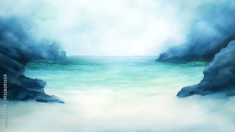 Poster serene coastal scene with gentle waves and misty rocks in a tranquil atmosphere.